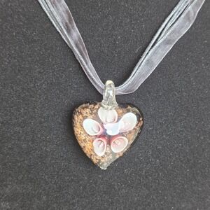 Art Glass Heart Pendant Necklace Black Pink Gold Fleck Sheer Ribbon Floral Cord